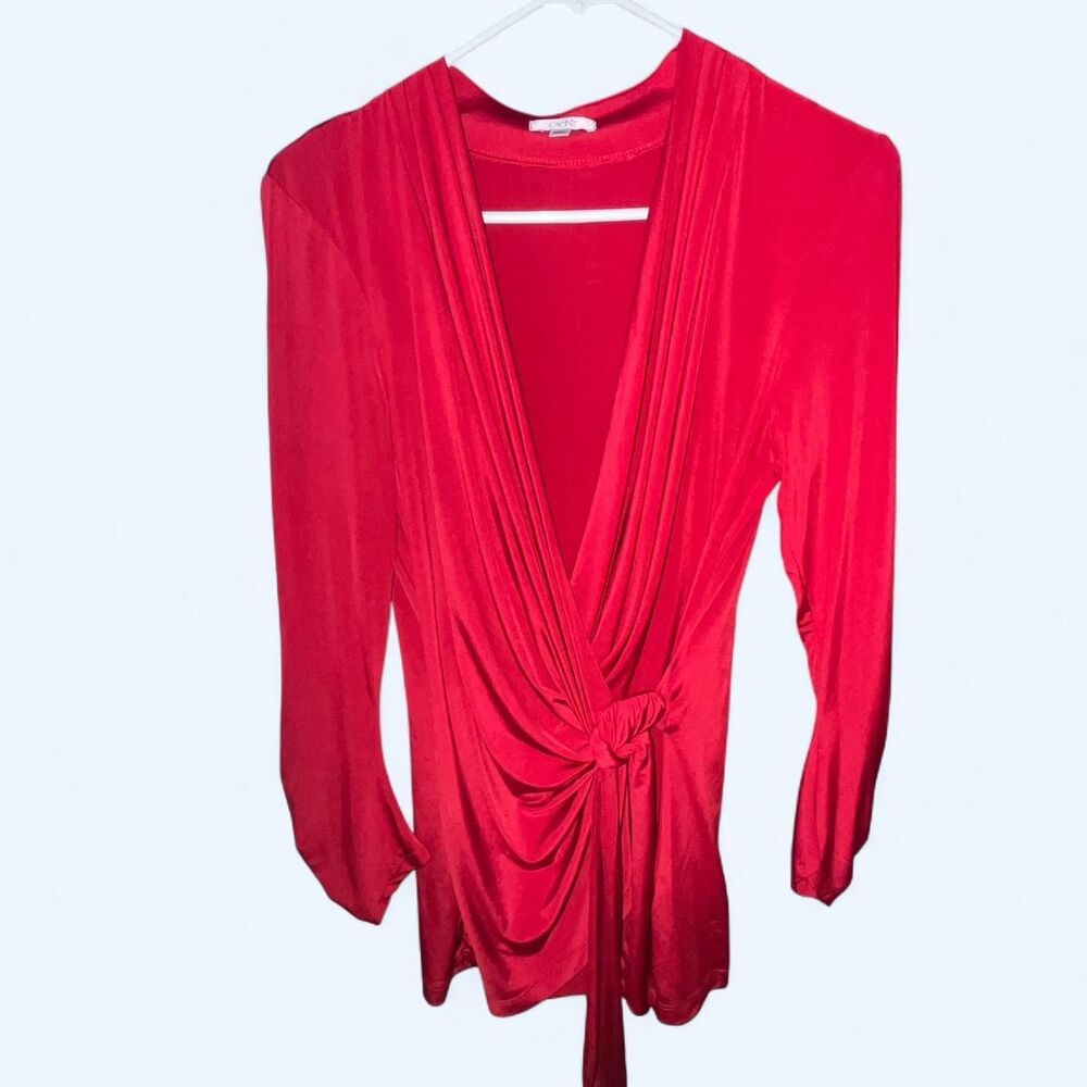 Cache Valentine’s Day Red Satin Look Plunging Scoop Neckline Blouse w/ tie Sz L